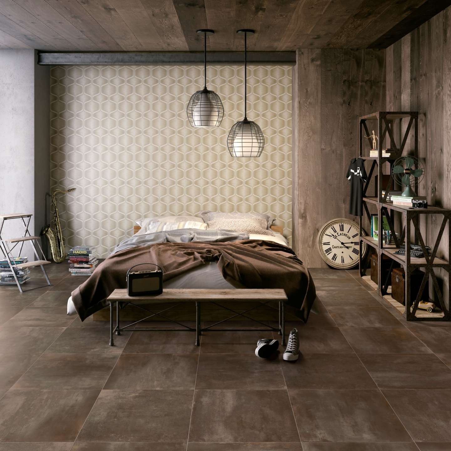 Radical 2 Chambre à coucher avec sols et mur recouverts de carrelage imitation métal de couleur rouille, carrelage Radical Shabby Brown