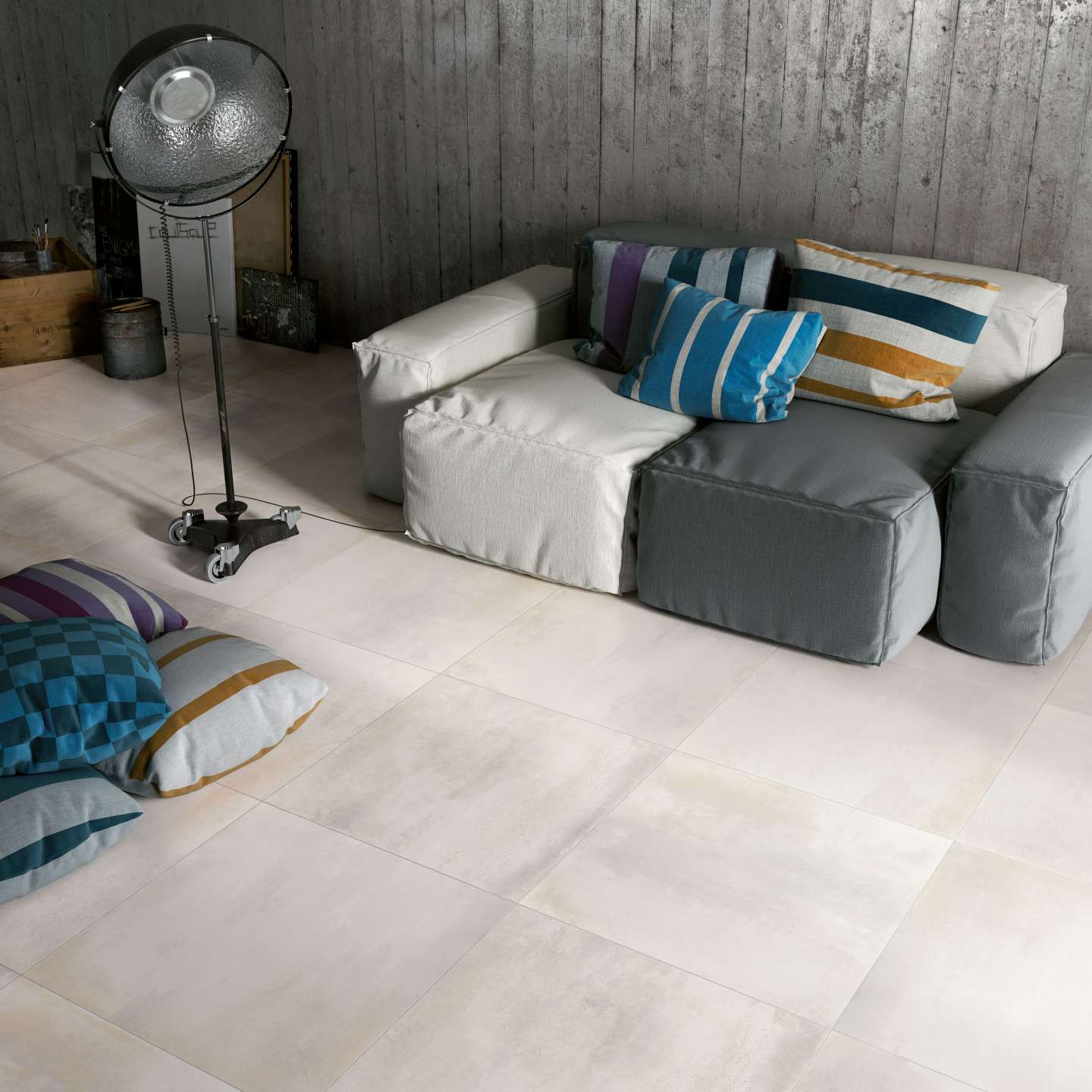 Radical 4 Salon avec sols recouverts de carrelage imitation métal de couleur rouille, carrelage Radical Shabby White