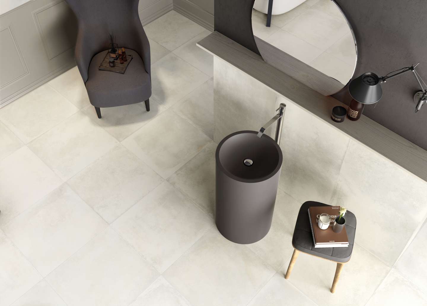 Soft Concrete 2 Sol de salle de bain avec carrelage imitation béton Soft Concrete blanc