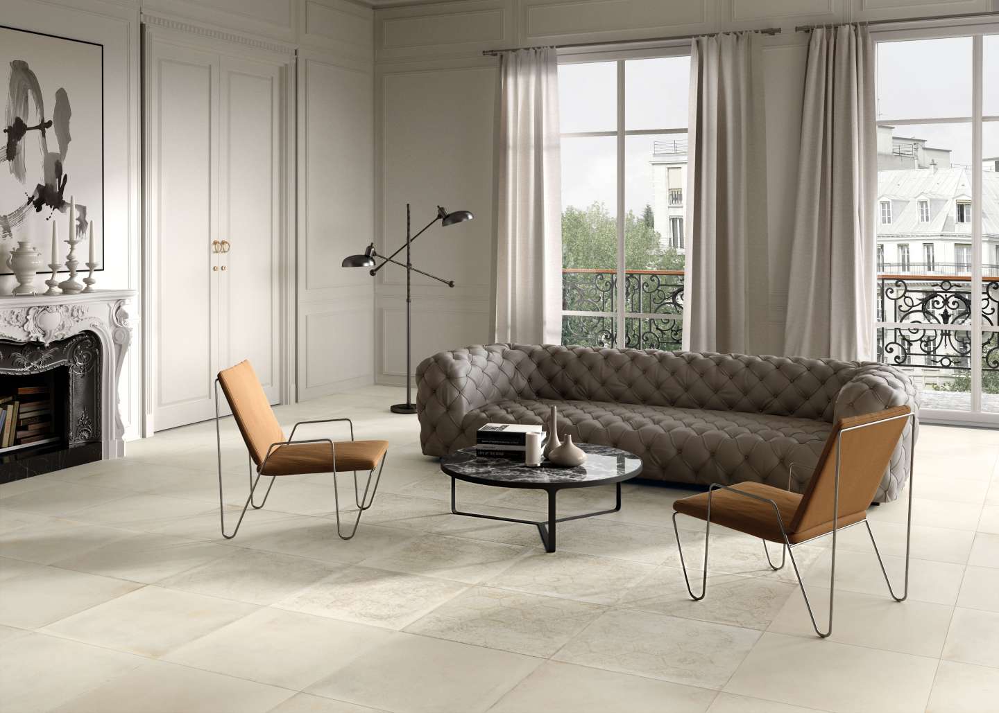 Soft Concrete Hexagon 4 Salon avec carrelage imitation béton Soft Concrete Hexagon blanc
