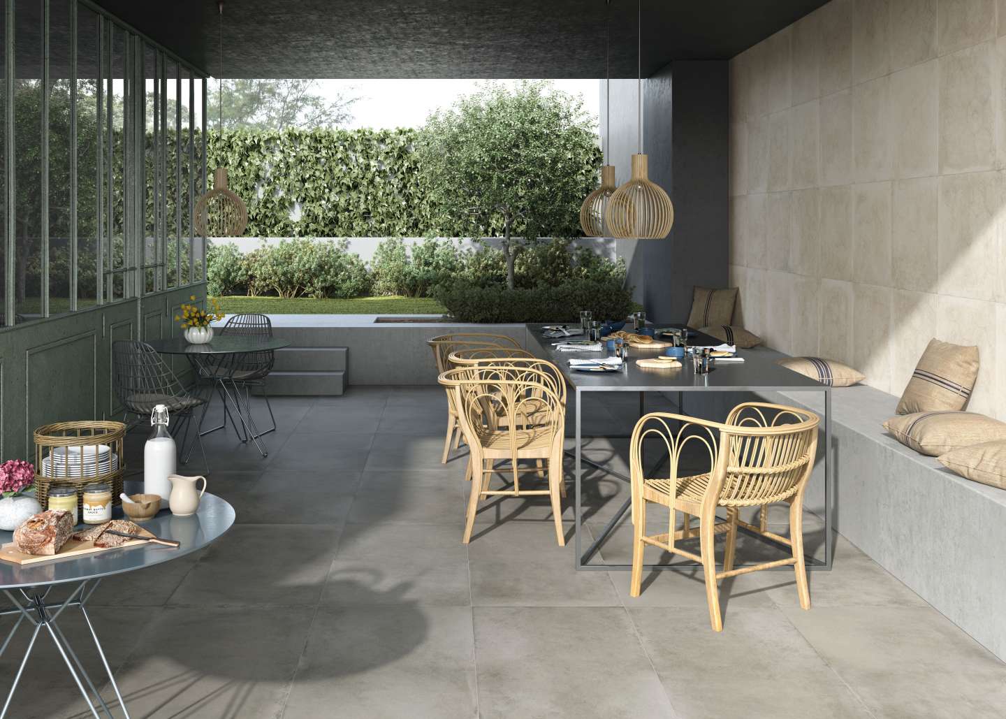 Soft Concrete Hexagon 2 Couvert extérieur avec carrelage imitation béton Soft Concrete Hexagon gris et beige