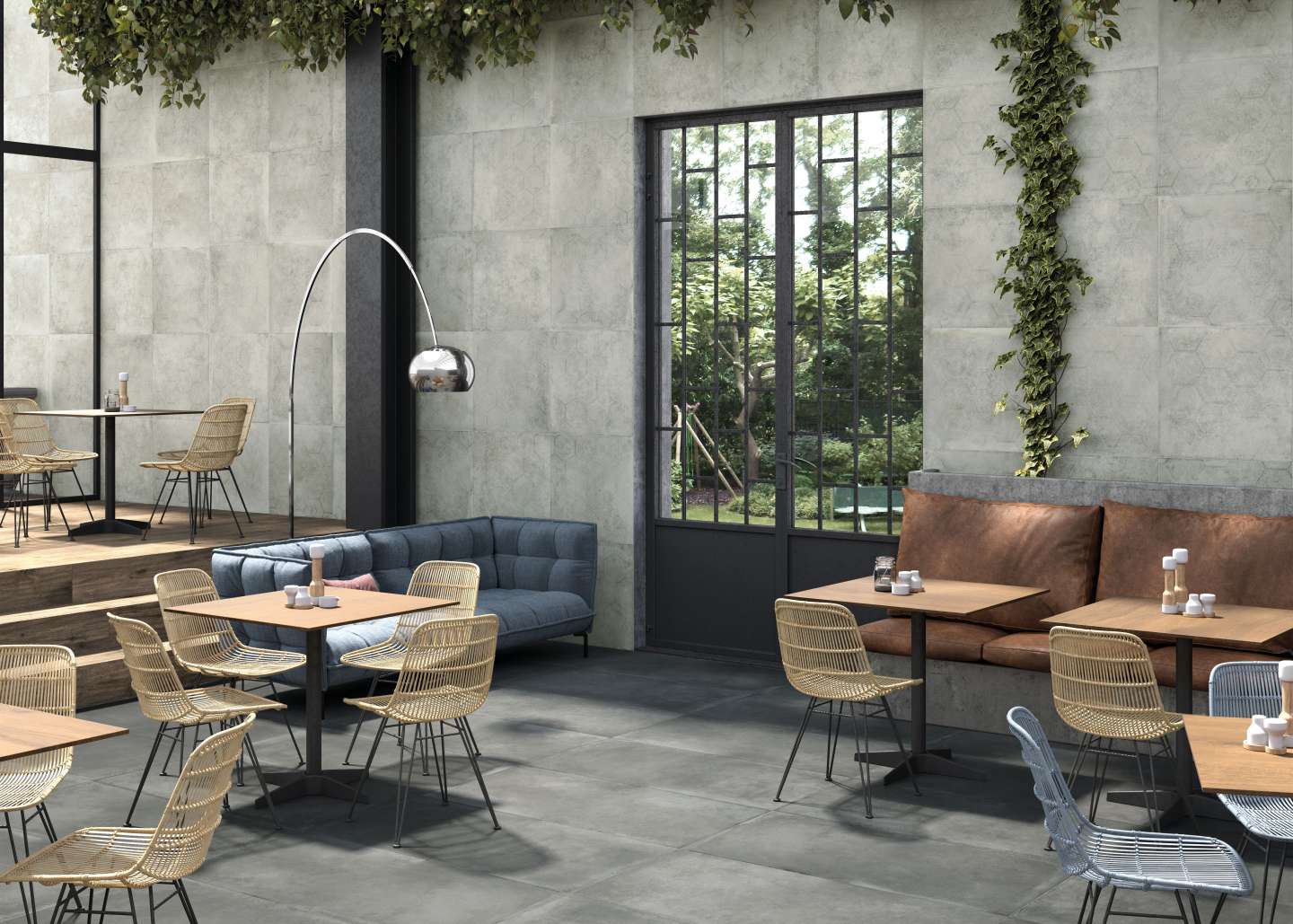 Soft Concrete Hexagon 3 Terrasse de restaurant avec carrelage imitation béton Soft Concrete Hexagon gris