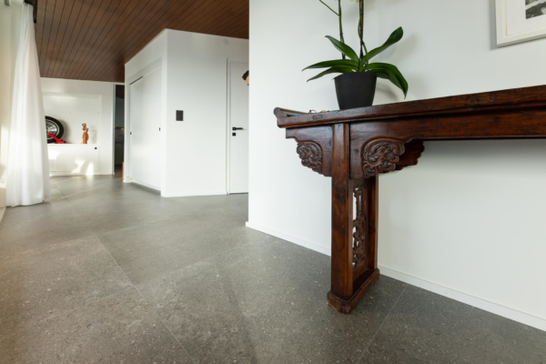 Carrelage dans un hall d'entrée et un couleur. Mobilier traditionnel chinois. Rénovation d'une maison à Montreux