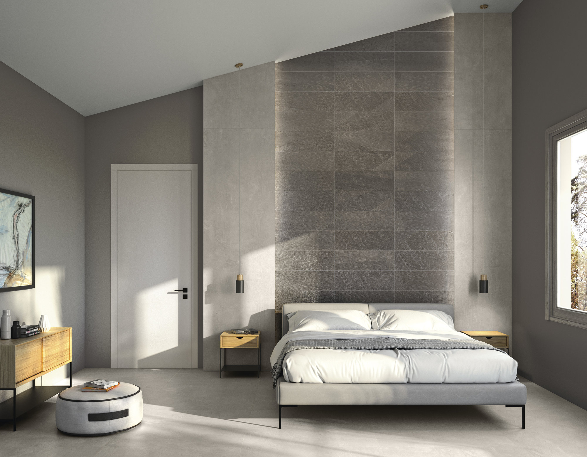Pietra Di Basalto 2 Chambre à coucher avec murs en carrelage imitation pierre, Pietra Di Basalto, carrelage brun et lit blanc
