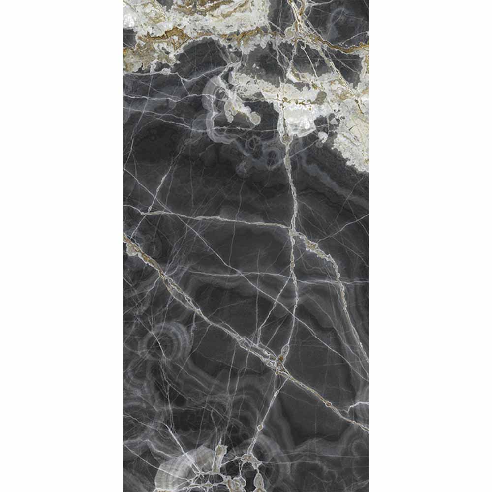 Maxi 1 Carrelage imitation marbre Maxi Majestic Onyx avec couleur grise, noire, blanche et verte