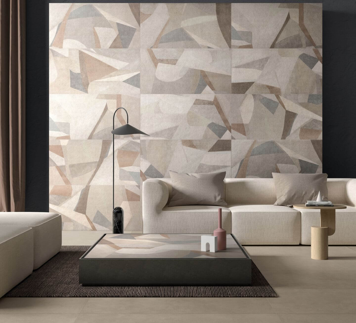 Stardust Galaxy 2 Salon avec canapé beige et carrelage imitation béton au motif moderniste Stardust Galaxy