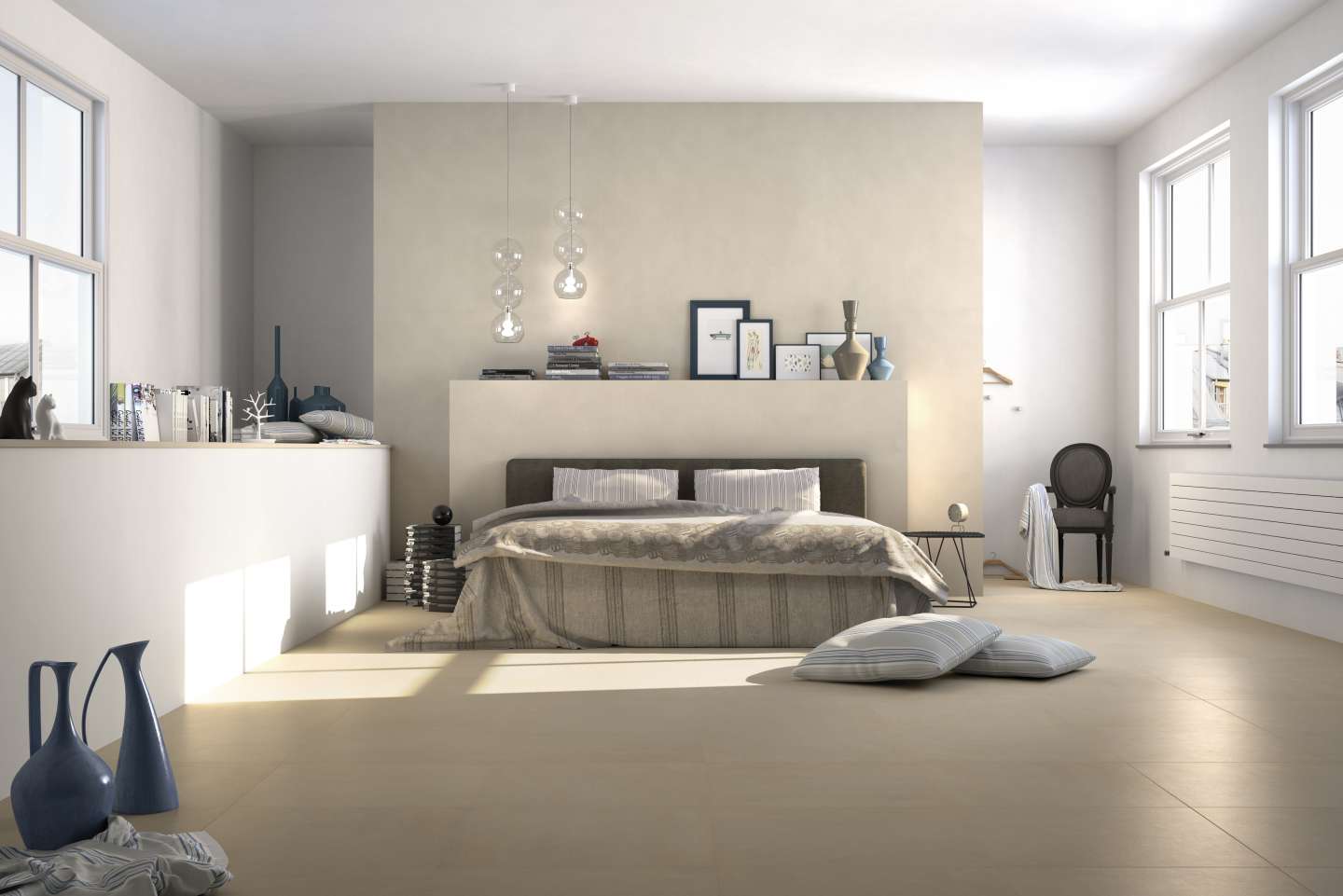 Just Beige 2 Chambre à coucher avec carrelage beige au sol. Collection Just Beige
