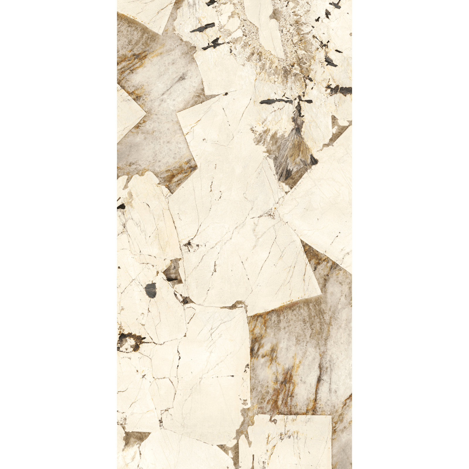 Marmi Maximum Patagonia 1 Détail du marbre Marmi Maximum Patagonia utilisé dans les images précédentes, montrant sa texture riche en détails avec des fragments de pierre de taille irrégulière en blanc, crème et doré, entrecoupés de veines et fissures naturelles sombres.