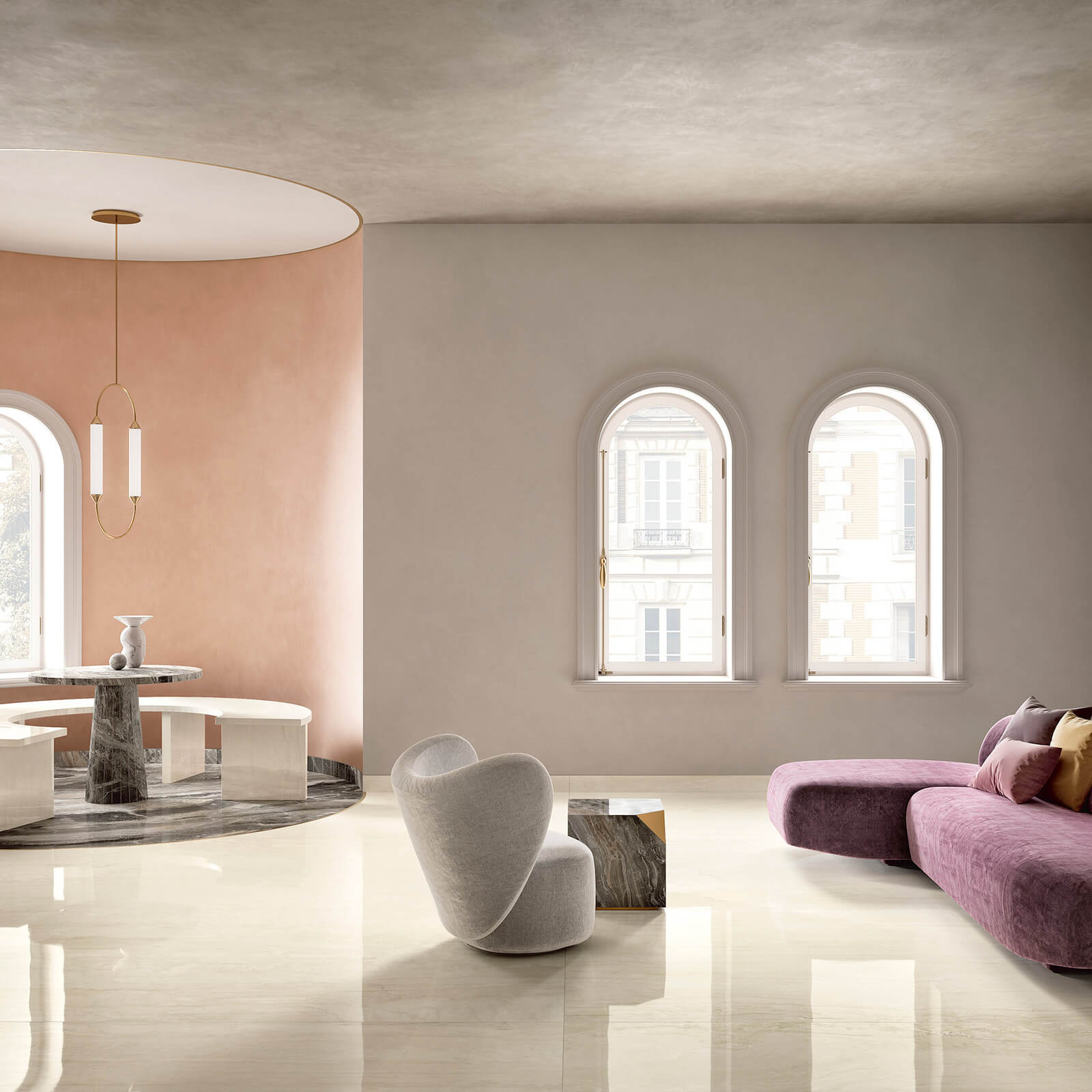 Marmi Maximum Ethereal Travertino 4 Séjour avec carrelage Marmi Maximum Ethereal Travertino