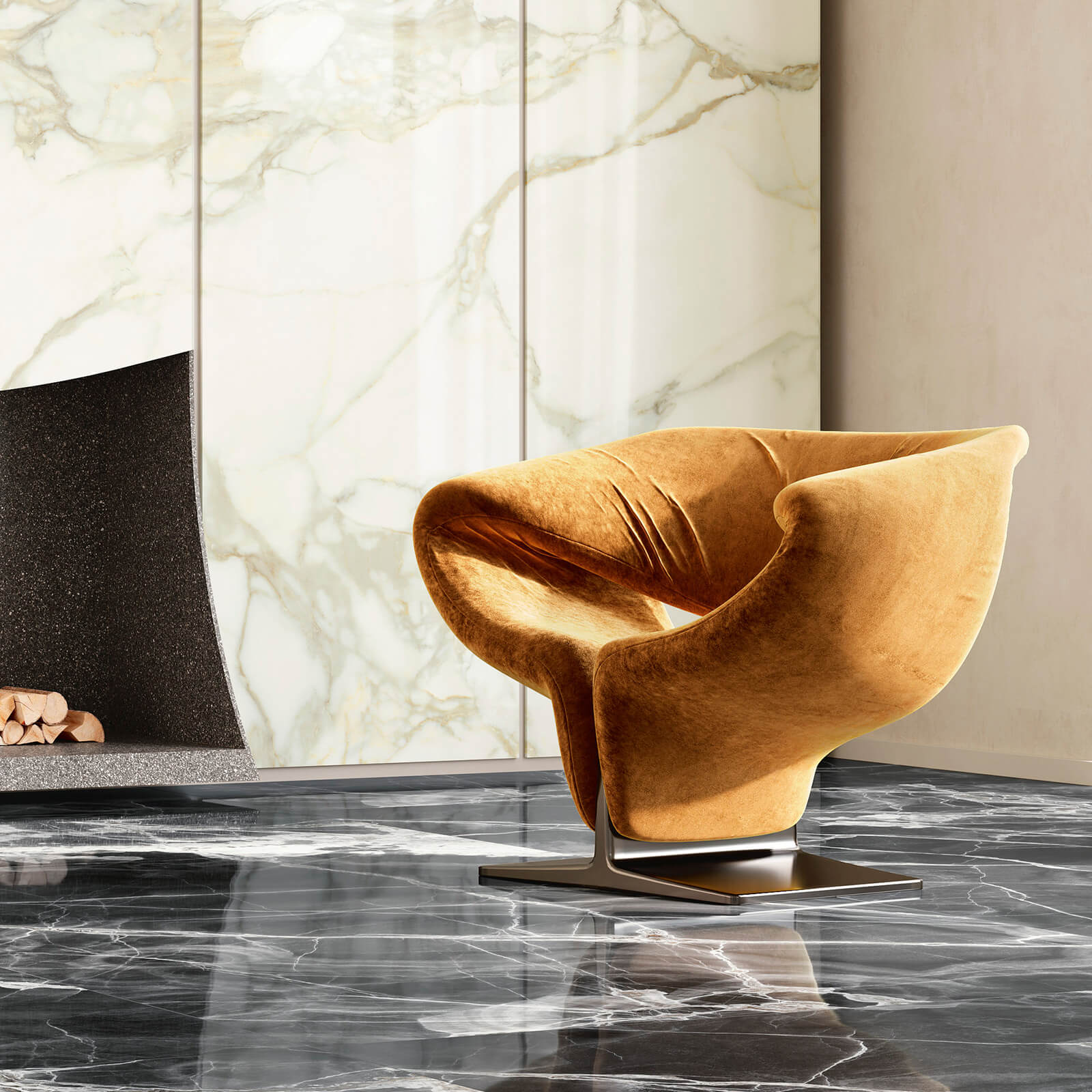 Marmi Maximum Majestic Onyx 4 Fauteuil de luxe doré sur carrelage en marbre imitation Marmi Maximum Majestic Onyx dans un coin lumineux du salon