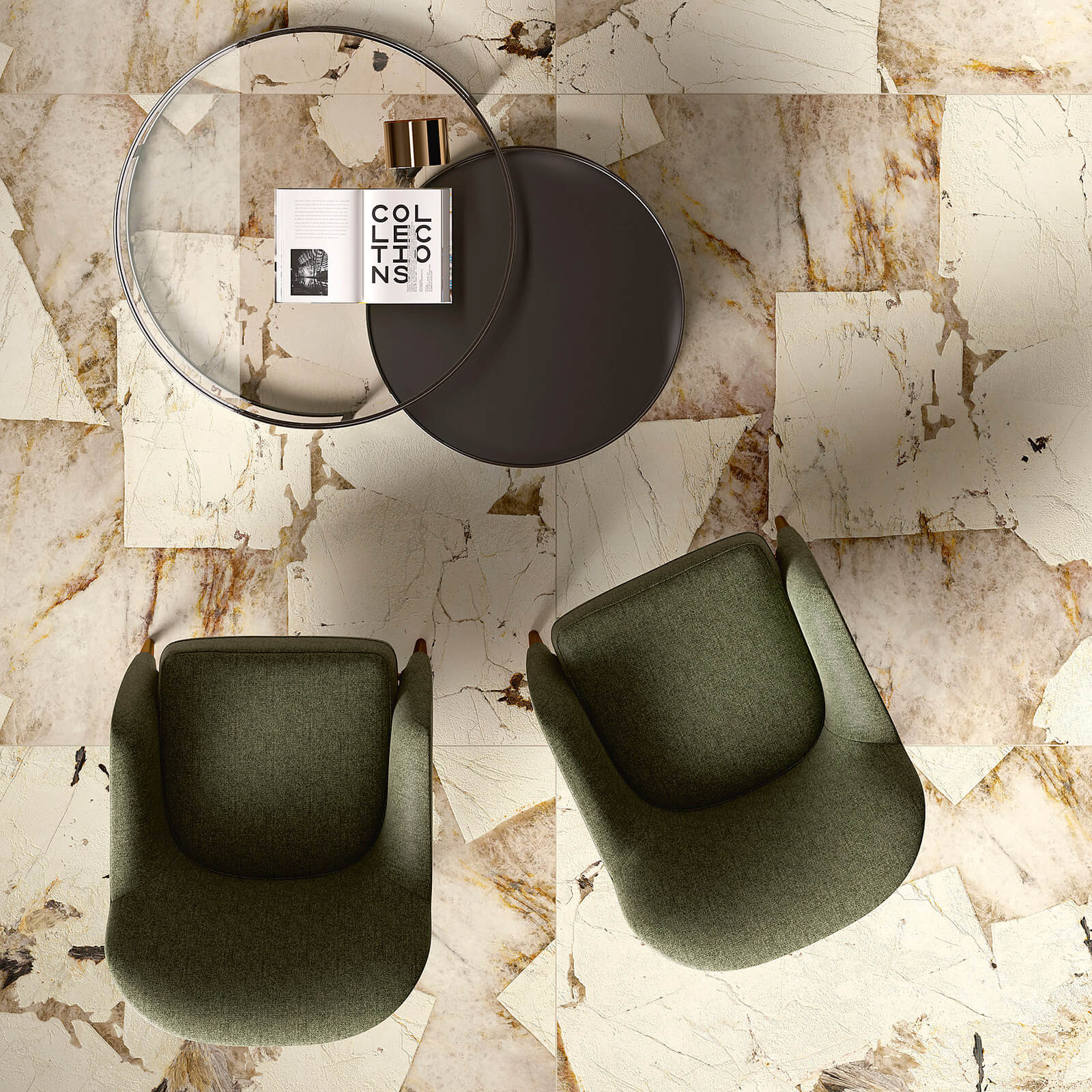 Marmi Maximum Patagonia 2 Une scène intime avec deux fauteuils modernes verts autour d'une petite table ronde en métal noir. Sol en carrelage imitation marbre Marmi Maximum Patagonia sous eux exhibe des motifs complexes avec des fissures et des veines en plusieurs teintes de beige et de gris.