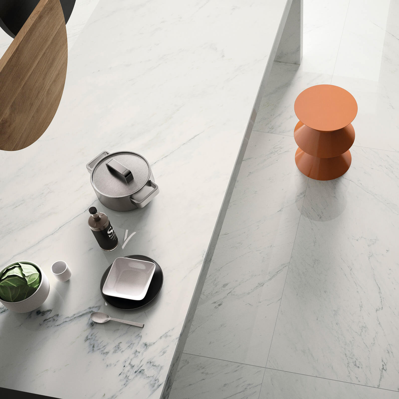Marmi Maximum Premium White 3 Détail d'une table de cuisine en carrelage marbre blanc Marmi Maximum Premium White avec des accessoires de cuisine contemporains